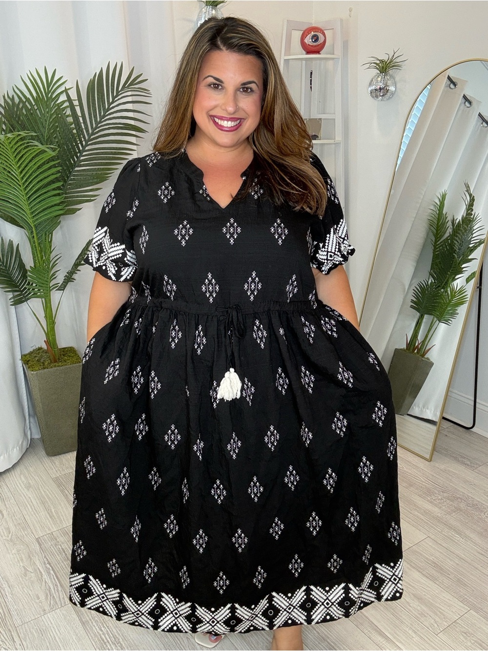 Plus Boho Print Midi Dress with Tassel Tie